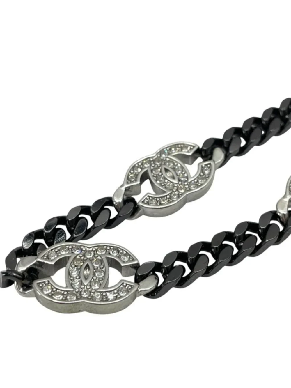 Chanel Choker Chain Pendant CC Logo Rhinestone Gunmetal Black Silver Necklace